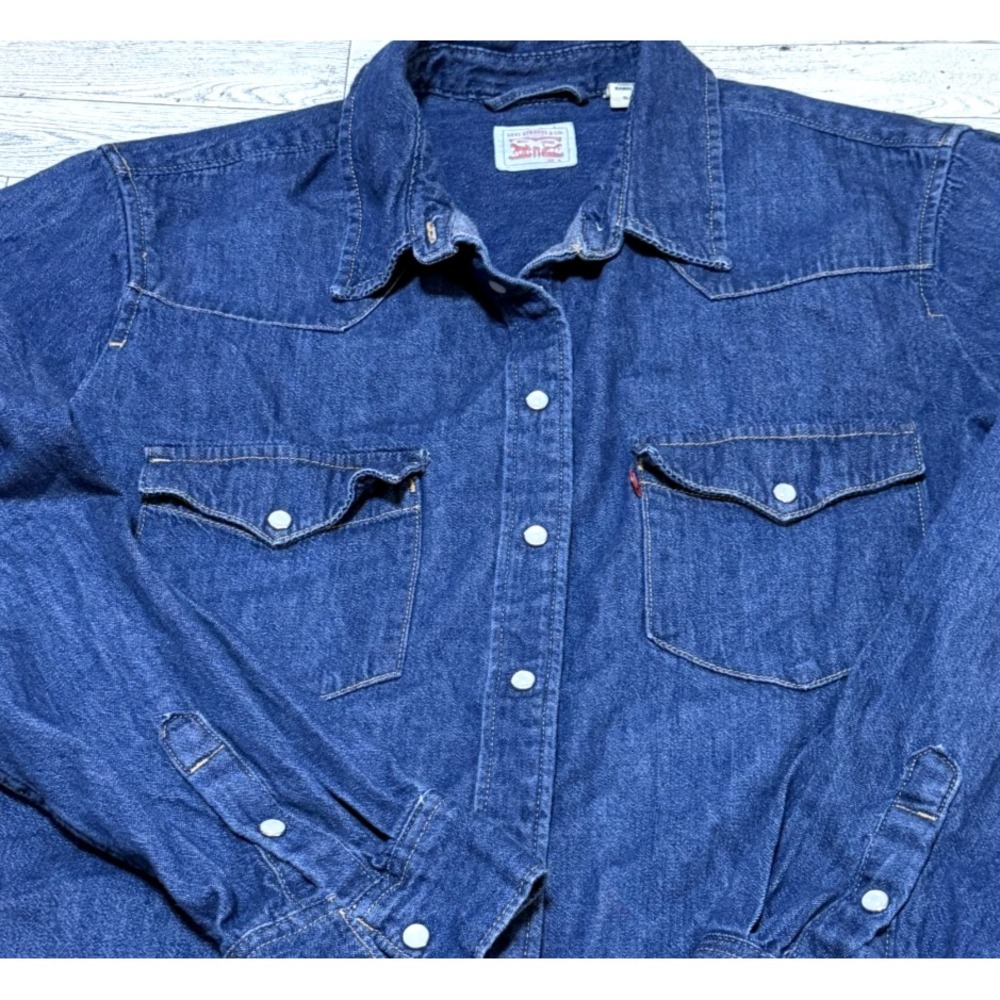 Levi's Denim Shirt Womens Pearl Snap Dark Wash Raw Cowgirl Western Y2K XLARGE XL